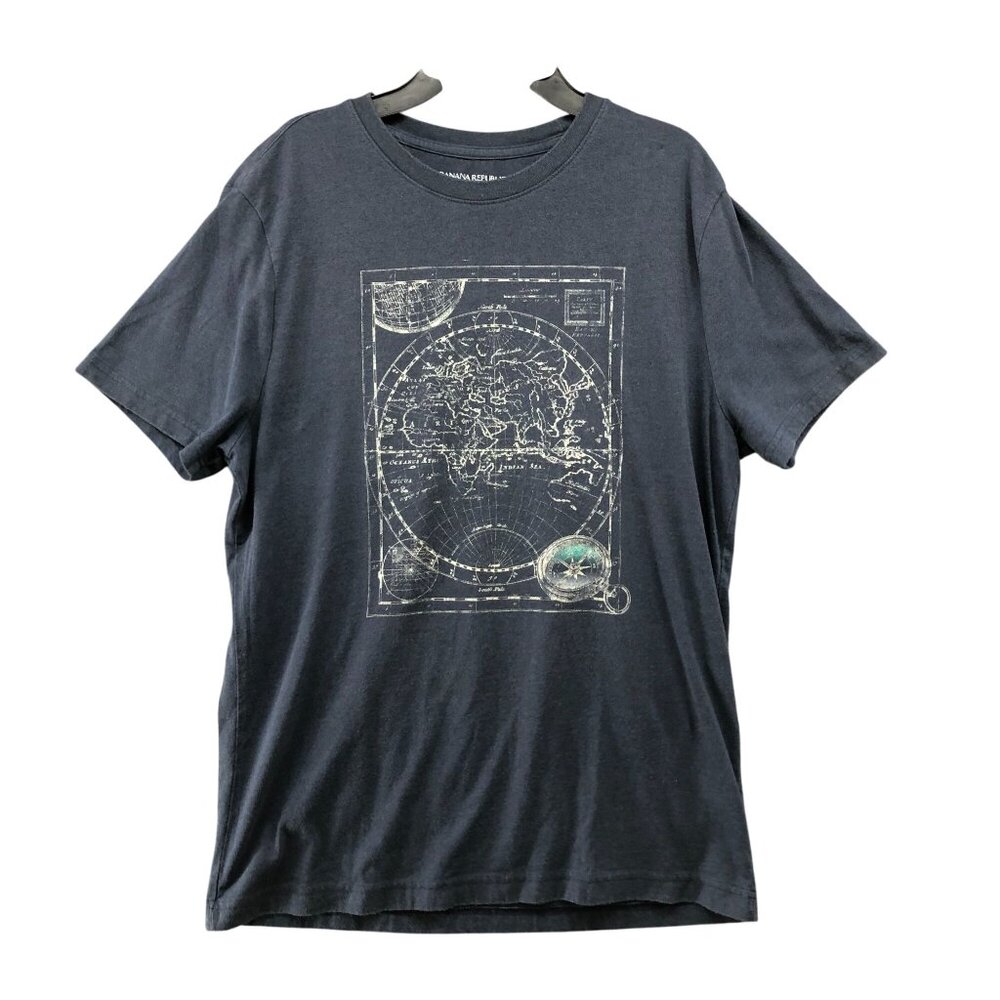 Banana Republic Indian Sea Map T Shirt‎ Mens M Dark Harbor Gray Short Sleeve